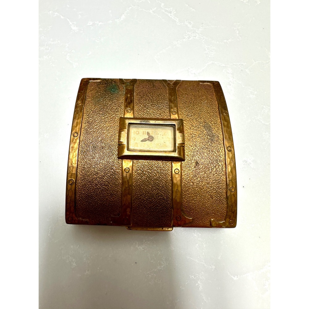 Vintage 1940s Evans Compact Steamer Trunk Clock Double Vanity Mirror Powder Box